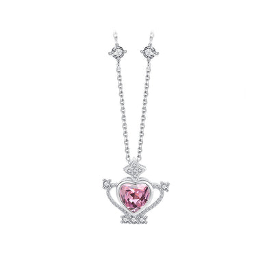 925 Sterling Silver Fashion Simple Heart-shaped Crown Pendant with Pink Cubic Zirconia and Necklace