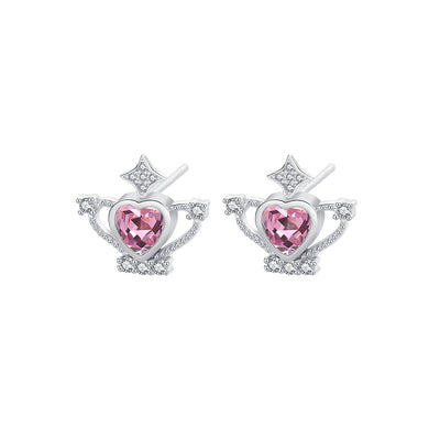 925 Sterling Silver Fashion Simple Heart Shape Crown Stud Earrings with Pink Cubic Zirconia