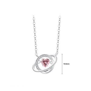 925 Sterling Silver Fashion and Creative Heart-shaped Planet Pendant with Pink Cubic Zirconia and Necklace