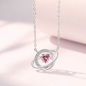 925 Sterling Silver Fashion and Creative Heart-shaped Planet Pendant with Pink Cubic Zirconia and Necklace