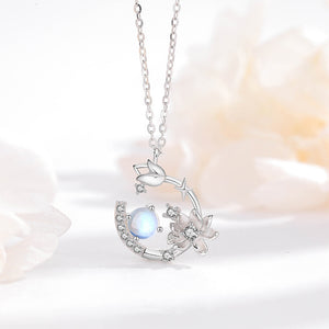 925 Sterling Silver Fashion and Elegant Tulip Flower Moonstone Pendant with Cubic Zirconia and Necklace