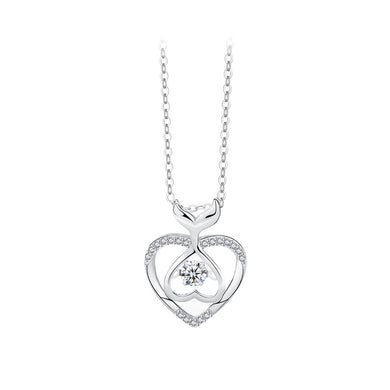 925 Sterling Silver Fashion and Cute Hollow Fish Tail Heart-shaped Pendant with White Cubic Zirconia and Necklace