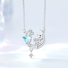 Load image into Gallery viewer, 925 Sterling Silver Fashion Cute Cat Moon Moonstone Pendant with Cubic Zirconia and Necklace