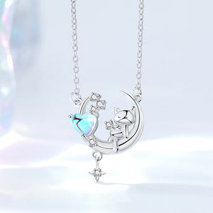 925 Sterling Silver Fashion Cute Cat Moon Moonstone Pendant with Cubic Zirconia and Necklace