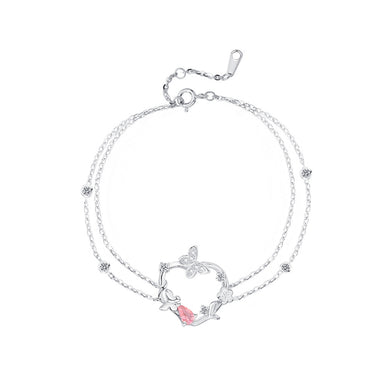 925 Sterling Silver Fashion and Elegant Butterfly Hollow Heart Double Layer Bracelet with Cubic Zirconia