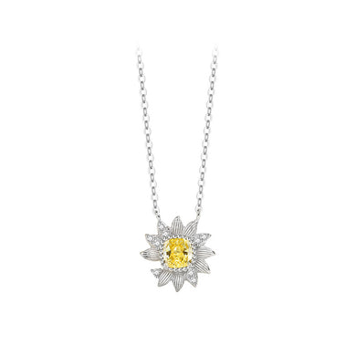 925 Sterling Silver Fashion Temperament Sunflower Pendant with Yellow Cubic Zirconia and Necklace