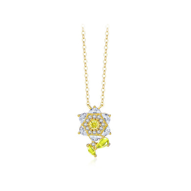 925 Sterling Silver Plated Gold Simple Cute Flower Pendant with Cubic Zirconia and Necklace