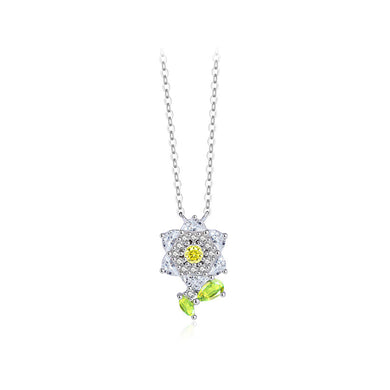 925 Sterling Silver Simple Cute Flower Pendant with Cubic Zirconia and Necklace