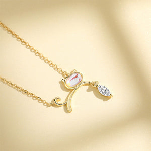 925 Sterling Silver Plated Gold Simple Cute Cat Moonstone Pendant with Cubic Zirconia and Necklace
