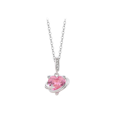 925 Sterling Silver Fashion and Simple Pink Heart-shaped Planet Pendant with Cubic Zirconia and Necklace