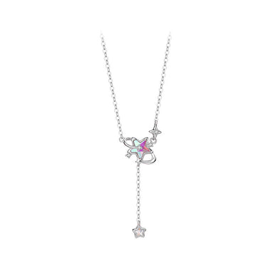 925 Sterling Silver Fashion Creative Planet Star Tassel Pendant with Colored Cubic Zirconia and Necklace