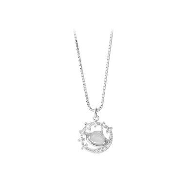 925 Sterling Silver Fashion and Elegant Planet Imitation Cats Eye Pendant with Cubic Zirconia and Necklace