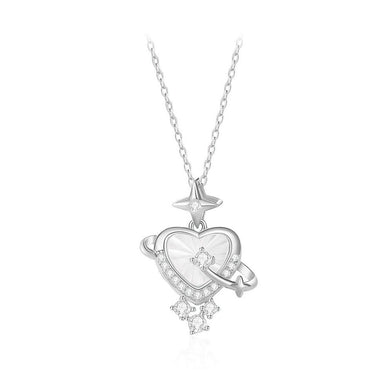 925 Sterling Silver Fashion Simple Heart-shaped Mother-of-pearl Planet Pendant with Cubic Zirconia and Necklace