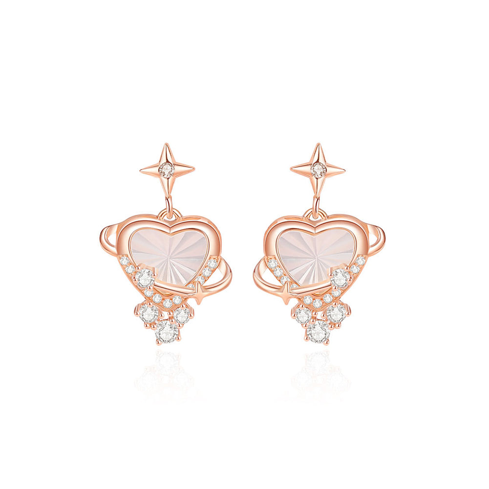 925 Sterling Silver Plated Rose Gold Fashion Simple Heart-shaped Mother-of-pearl Planet Stud Earrings with Cubic Zirconia