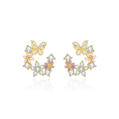 925 Sterling Silver Plated Gold Fashion Sweet Butterfly Flower Stud Earrings with Cubic Zirconia