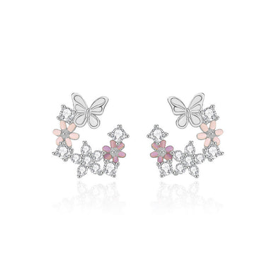 925 Sterling Silver Fashion Sweet Butterfly Flower Stud Earrings with Cubic Zirconia