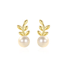 Load image into Gallery viewer, 925 Sterling Silver Plated Gold Simple Fashion Leaf Imitation Pearl Stud Earrings