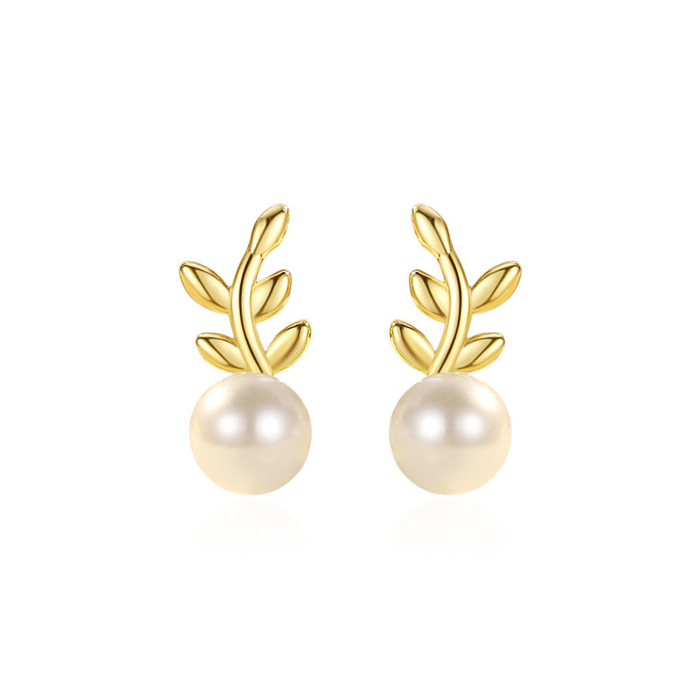 925 Sterling Silver Plated Gold Simple Fashion Leaf Imitation Pearl Stud Earrings