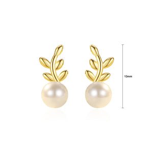 925 Sterling Silver Plated Gold Simple Fashion Leaf Imitation Pearl Stud Earrings