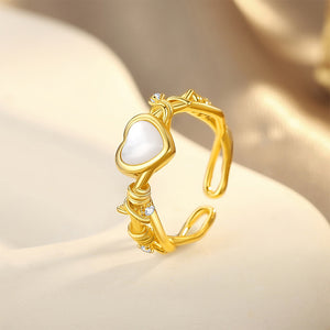 925 Sterling Silver Plated Gold Fashion and Romantic Heart-shaped Mother-of-pearl Thorns Adjustable Open Ring with Cubic Zirconia