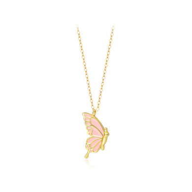 925 Sterling Silver Plated Gold Fashion Temperament Enamel Pink Butterfly Pendant with Necklace