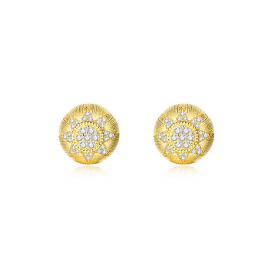 925 Sterling Silver Plated Gold Fashion Simple Sun Pattern Geometric Round Stud Earrings with Cubic Zirconia