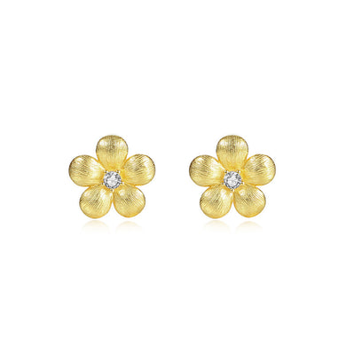 925 Sterling Silver Plated Gold Simple Fashion Flower Stud Earrings with Cubic Zirconia