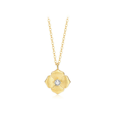 925 Sterling Silver Plated Gold Fashion Simple Flower Pendant with White Cubic Zirconia and Necklace