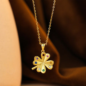 925 Sterling Silver Plated Gold Fashion and Simple Four-leafed Clover Pendant with Colored Cubic Zirconia and Necklace