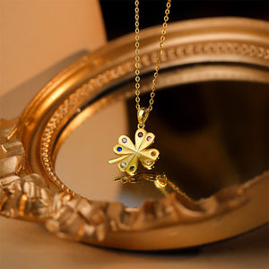 925 Sterling Silver Plated Gold Fashion and Simple Four-leafed Clover Pendant with Colored Cubic Zirconia and Necklace