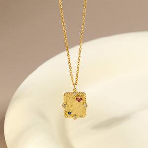 925 Sterling Silver Plated Gold Simple Vintage Geometric Square Pendant with Cubic Zirconia and Necklace