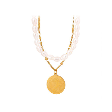 Fashion and Elegant Plated Gold 316L Stainless Steel Queen Geometric Medallion Pendant with Double Layer Imitation Pearl Necklace
