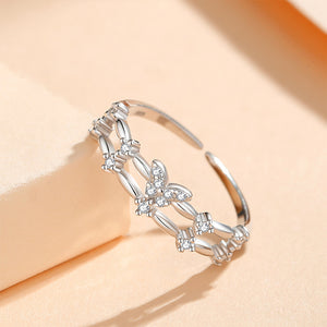 925 Sterling Silver Simple Temperament Butterfly Double Layer Adjustable Open Ring with Cubic Zirconia