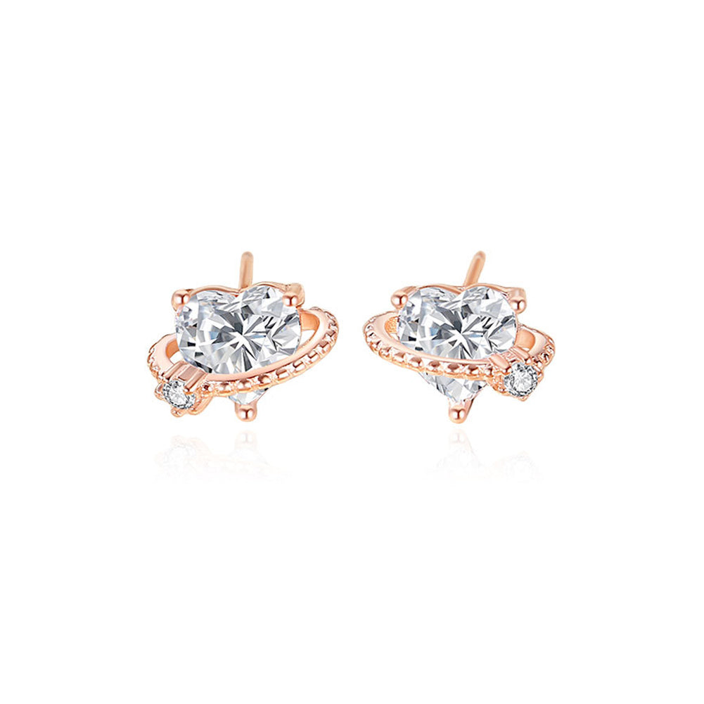 925 Sterling Silver Plated Rose Gold Simple and Fashion Heart-shaped Planet Stud Earrings with Cubic Zirconia