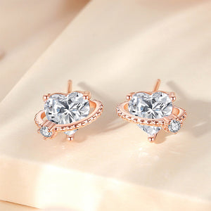 925 Sterling Silver Plated Rose Gold Simple and Fashion Heart-shaped Planet Stud Earrings with Cubic Zirconia