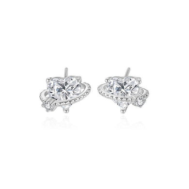 925 Sterling Silver Simple and Fashion Heart-shaped Planet Stud Earrings with Cubic Zirconia