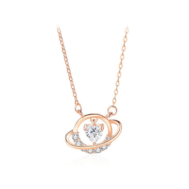 925 Sterling Silver Plated Rose Gold Fashion and Creative Planet Pendant with Cubic Zirconia and Necklace
