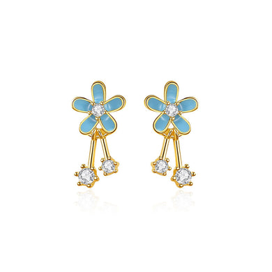 925 Sterling Silver Plated Gold Simple Fashion Enamel Blue Flower Stud Earrings with Cubic Zirconia