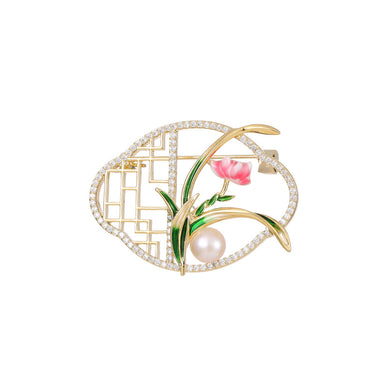 Fashion Vintage Plated Gold Flower Hollow Window Grille Imitation Pearl Brooch with Cubic Zirconia