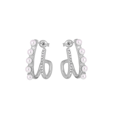 Fashion and Elegant 316L Stainless Steel Double-layer Line Imitation Pearl Geometric Stud Earrings with Cubic Zirconia