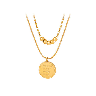 Fashion and Simple Plated Gold 316L Stainless Steel English Alphabet Geometric Round Pendant with Double Layer Necklace