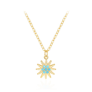 925 Sterling Silver Plated Gold Fashion Simple Sun Pendant with Imitation Turquoise and Necklace
