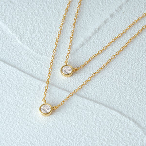 925 Sterling Silver Plated Gold Simple and Fashion Geometric Round Pendant with Cubic Zirconia and Double Layer Necklace