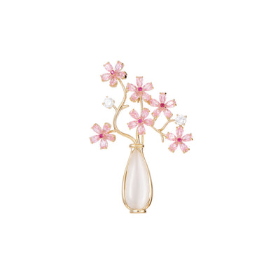 Fashion and Elegant Plated Gold Vase Flower Cats Eye Brooch with Pink Cubic Zirconia