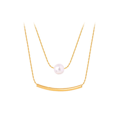 Simple and Fashion Plated Gold 316L Stainless Steel Geometric Imitation Pearl Double Layer Necklace