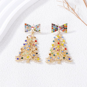 Simple Cute Gold Christmas Tree Ribbon Stud Earrings with Cubic Zirconia