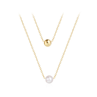 925 Sterling Silver Plated Gold Simple and Fashion Geometric Round Bead Imitation Pearl Pendant with Double Layer Necklace