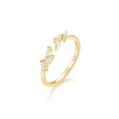 925 Sterling Silver Plated Gold Simple Fashion Leaf Adjustable Open Ring with Cubic Zirconia
