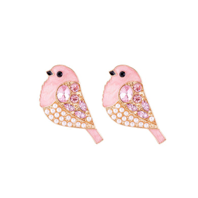 Simple and Cute Plated Gold Enamel Pink Bird Imitation Pearl Stud Earrings with Cubic Zirconia