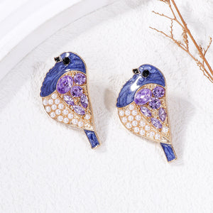 Simple and Cute Plated Gold Enamel Purple Bird Imitation Pearl Stud Earrings with Cubic Zirconia